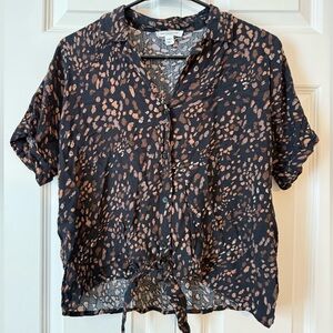 Beachlunchlounge Tie-Front Black Print Button Down Sz S